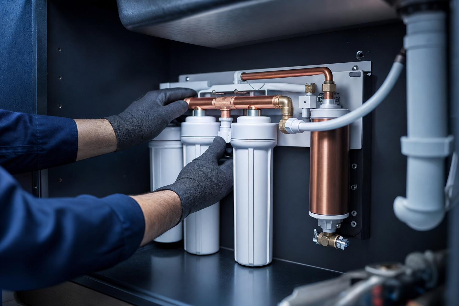 Technician installing an under-sink water filtration system