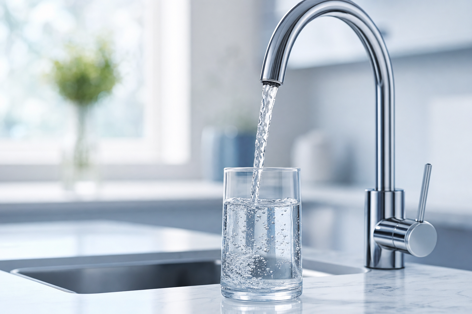 Clean water pouring from a kitchen faucet into a glass